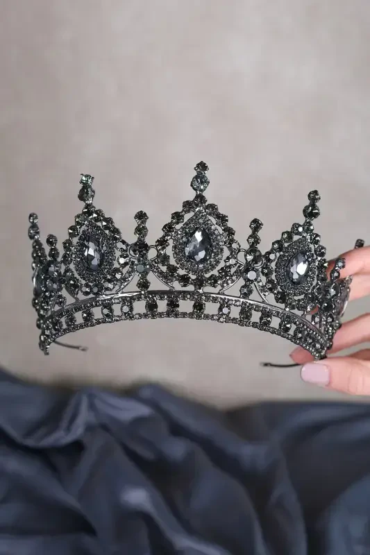 Ahu Damla Kristal Taşlı Gelin Kına Tacı-Füme - 1