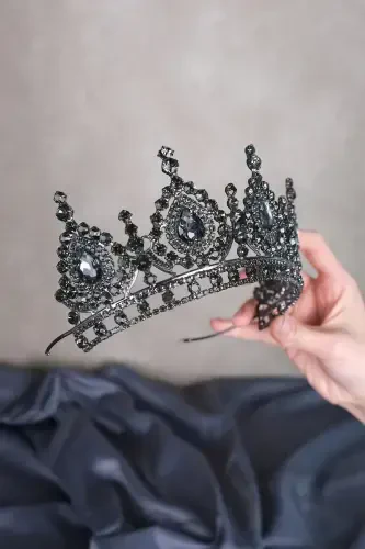 Ahu Damla Kristal Taşlı Gelin Kına Tacı-Füme - 2