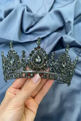 Ahu Damla Kristal Taşlı Gelin Kına Tacı-Füme - 4