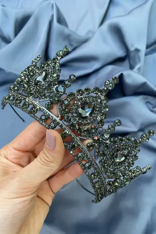 Ahu Damla Kristal Taşlı Gelin Kına Tacı-Füme - 5