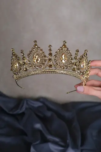 Ahu Damla Kristal Taşlı Gelin Kına Tacı - Gold 