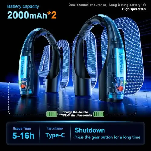 AI Neck Fan, 4 Speeds Adjustable Portable Personal Fan Rechargeable, 4000 mAh Battery Faster Cooling Wearable Fan, Ultra Quiet for Home, Office, Travel, Outdoor - Black - 5