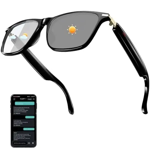 Ai Smart Glasses Chat GPT bilan, erkaklar va ayollar uchun Bluetooth ko'zoynaklari 160+ til va lahja bilan, Tarjima ko'zoynaklari Rangini o'zgartiruvchi linzalar, O'yin uchrashuvi Sayohat savdo biznesi uchun aqlli ko'zoynaklar, (Qora) 