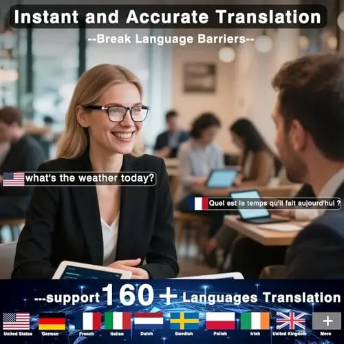 Ai Smart Glasses Chat GPT bilan, erkaklar va ayollar uchun Bluetooth ko'zoynaklari 160+ til va lahja bilan, Tarjima ko'zoynaklari Rangini o'zgartiruvchi linzalar, O'yin uchrashuvi Sayohat savdo biznesi uchun aqlli ko'zoynaklar, (Qora) - MODAZONE (1)