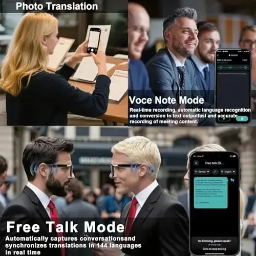 Ai Smart Glasses Chat GPT bilan, erkaklar va ayollar uchun Bluetooth ko'zoynaklari 160+ til va lahja bilan, Tarjima ko'zoynaklari Rangini o'zgartiruvchi linzalar, O'yin uchrashuvi Sayohat savdo biznesi uchun aqlli ko'zoynaklar, (Qora) - 3