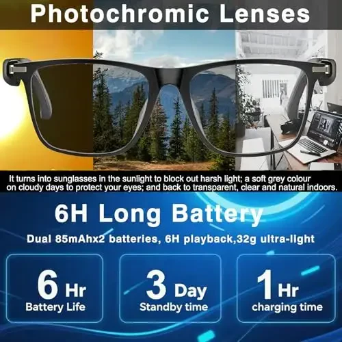 Ai Smart Glasses Chat GPT bilan, erkaklar va ayollar uchun Bluetooth ko'zoynaklari 160+ til va lahja bilan, Tarjima ko'zoynaklari Rangini o'zgartiruvchi linzalar, O'yin uchrashuvi Sayohat savdo biznesi uchun aqlli ko'zoynaklar, (Qora) - 6