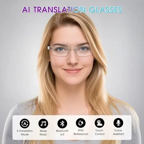 AI Translation Glasses with 164 Languages, Rimless Bluetooth Audio, Gold | Real-Time Translation, Photochromic Lenses, Open-Ear Speakers, Lightweight Design, Smart Glasses for Travel, Work & Study - padom (1)
