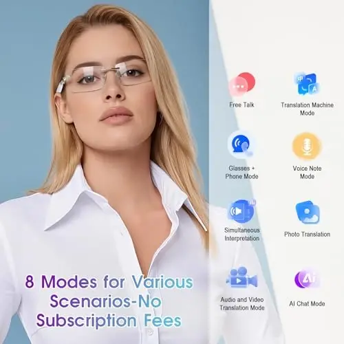 AI Translation Glasses with 164 Languages, Rimless Bluetooth Audio, Gold | Real-Time Translation, Photochromic Lenses, Open-Ear Speakers, Lightweight Design, Smart Glasses for Travel, Work & Study - 3