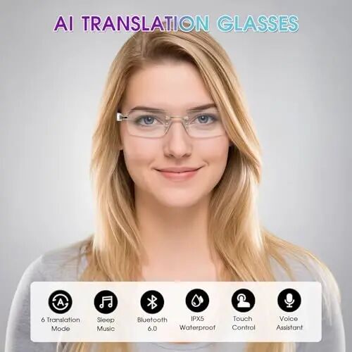 AI Translation Glasses with 164 Languages, Rimless Bluetooth Audio, Gold | Real-Time Translation, Photochromic Lenses, Open-Ear Speakers, Lightweight Design, Smart Glasses for Travel, Work & Study - padom (1)