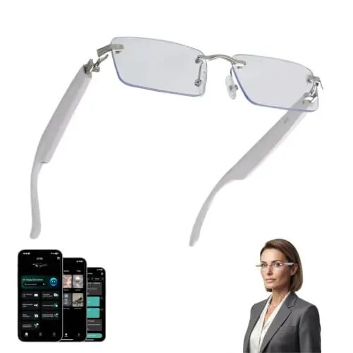 AI Translation Glasses with 164 Languages, Rimless Bluetooth Audio, Silver | 164-Language Real-Time Translation, Smart Speakers, Voice Assistant, Rimless Design for Travel, Work & Study - padom