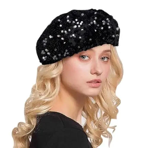 AIBEARTY Women Girls Sparkly Sequin Beret Hat Fashion Fun Stretch Beanie Cap Headwear for Festival Party Club Halloween - 1