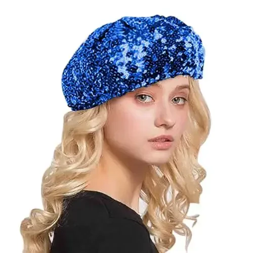 AIBEARTY Women Girls Sparkly Sequin Beret Hat Fashion Fun Stretch Beanie Cap Headwear for Festival Party Club Halloween - 1