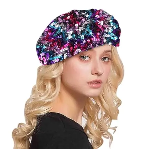 AIBEARTY Women Girls Sparkly Sequin Beret Hat Fashion Fun Stretch Beanie Cap Headwear for Festival Party Club Halloween 