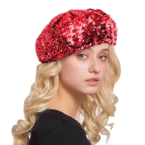 AIBEARTY Women Girls Sparkly Sequin Beret Hat Fashion Fun Stretch Beanie Cap Headwear for Festival Party Club Halloween 