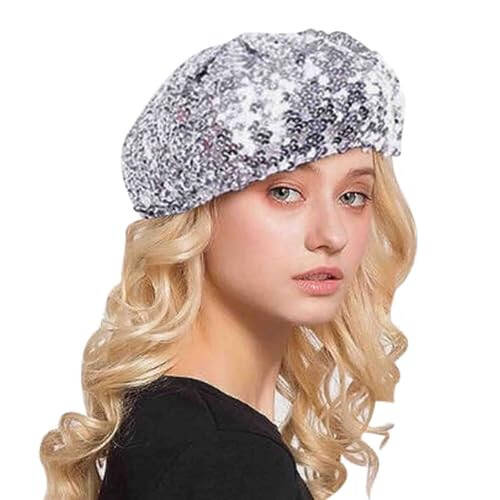 AIBEARTY Women Girls Sparkly Sequin Beret Hat Fashion Fun Stretch Beanie Cap Headwear for Festival Party Club Halloween - 1