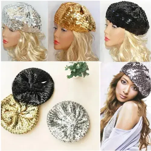AIBEARTY Women Girls Sparkly Sequin Beret Hat Fashion Fun Stretch Beanie Cap Headwear for Festival Party Club Halloween - 3