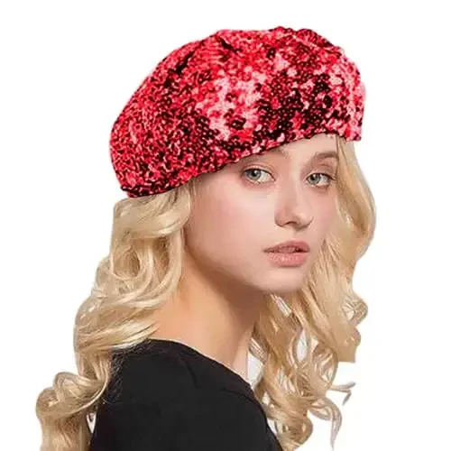 AIBEARTY Women Girls Sparkly Sequin Beret Hat Fashion Fun Stretch Beanie Cap Headwear for Festival Party Club Halloween - 1
