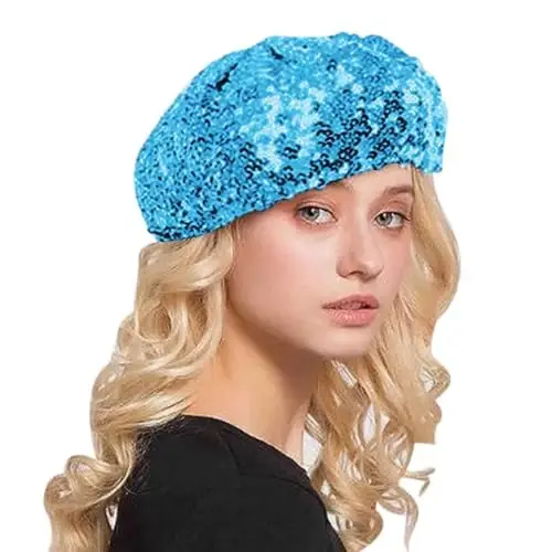 AIBEARTY Women Girls Sparkly Sequin Beret Hat Fashion Fun Stretch Beanie Cap Headwear for Festival Party Club Halloween - 1