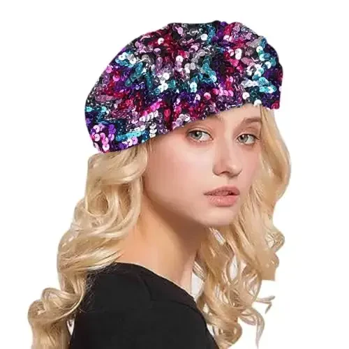 AIBEARTY Women Girls Sparkly Sequin Beret Hat Fashion Fun Stretch Beanie Cap Headwear for Festival Party Club Halloween - 1