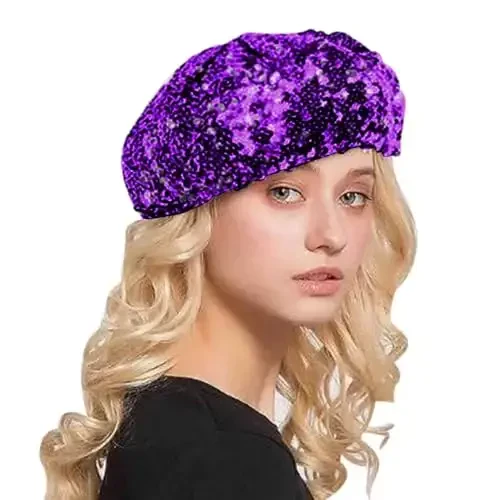 AIBEARTY Women Girls Sparkly Sequin Beret Hat Fashion Fun Stretch Beanie Cap Headwear for Festival Party Club Halloween 