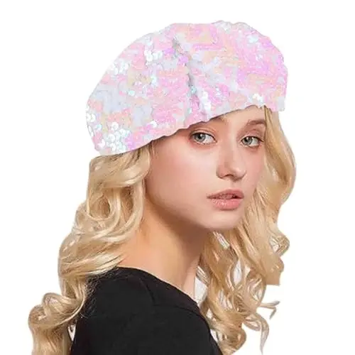 AIBEARTY Women Girls Sparkly Sequin Beret Hat Fashion Fun Stretch Beanie Cap Headwear for Festival Party Club Halloween - 1