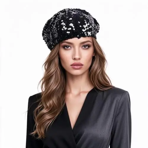 AIBEARTY Women Girls Sparkly Sequin Beret Hat Fashion Fun Stretch Beanie Cap Headwear for Festival Party Club Halloween - 2