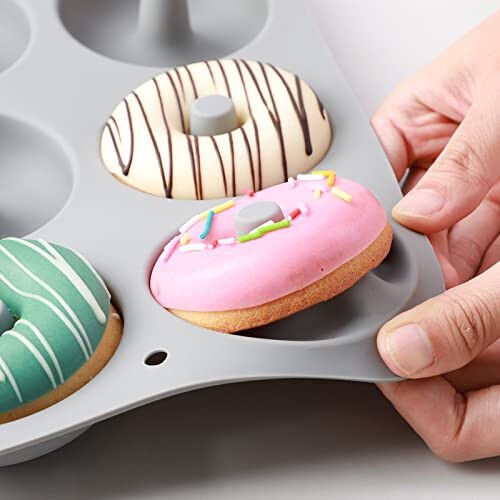 Aichoof Silicone Donut Mold for 6 Doughnuts, Set of 2. Food Grade LFGB Silicone Bagels Baking Pan, Non-Stick, Dishwasher Safe, Heat Resistant and Microwave Safe (Gray) - 3