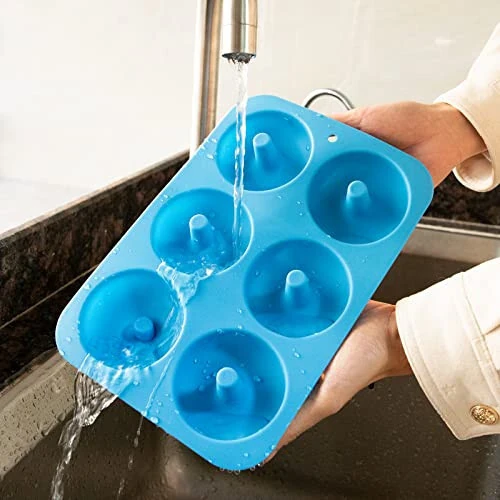 Aichoof Silicone Donut Mold for 6 Doughnuts, Set of 2. Food Grade LFGB Silicone Bagels Baking Pan, Non-Stick, Dishwasher Safe, Heat Resistant and Microwave Safe(Blue) - 4