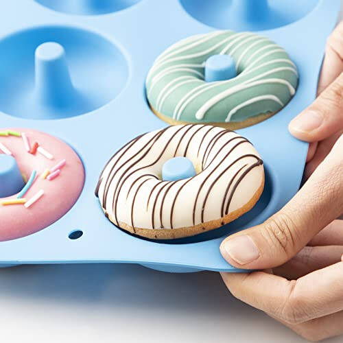 Aichoof Silicone Donut Mold for 6 Doughnuts, Set of 2. Food Grade LFGB Silicone Bagels Baking Pan, Non-Stick, Dishwasher Safe, Heat Resistant and Microwave Safe(Blue) - 3