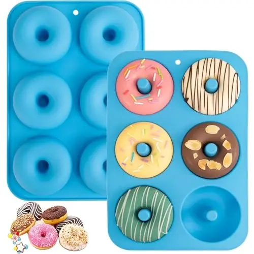 Aichoof Silikon Donut Kalıbı 6 ta Donut uchun, 2 ta to'plam. Oziq-ovqat sinfidagi LFGB Silikon Bagel Pishirish Tepsisi, Yopishmaydigan, Idish Yuvish Mashinasi uchun Mos, Issiqlikka Chidamli va Mikroto'lqinli Pech uchun Mos (Moviy) 