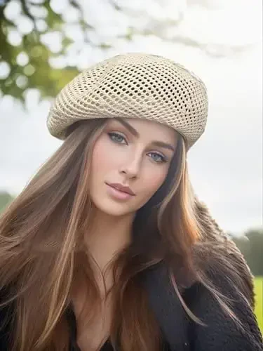 AICHUAN Аёллар ёзги Франция берети, салаватли трикотаж берет шляпалар, рассомлар, тўқилган пляж бени шляпаси - 5