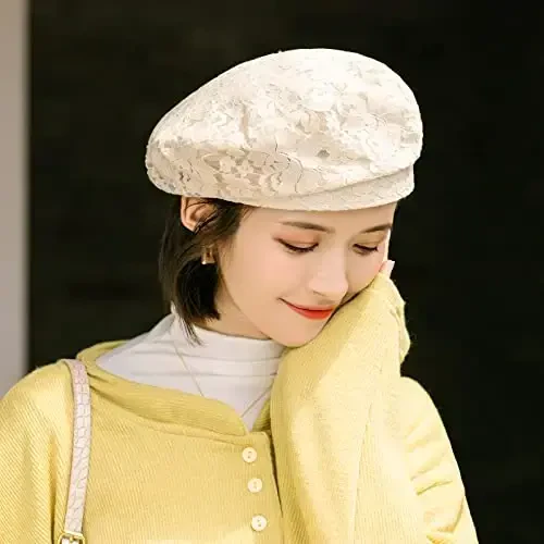 AICHUAN Women's Chic Lace Beret French Dress Beret Vintage Summer Fascinator Hats for Ladys - 3