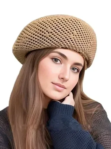 AICHUAN Women Summer French Beret Slouchy Crochet Beret Hats Artist Painters Woven Beach Beanie Hat 
