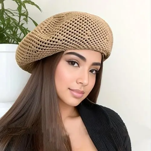 AICHUAN Women Summer French Beret Slouchy Crochet Beret Hats Artist Painters Woven Beach Beanie Hat - 5