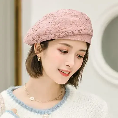 AICHUAN Women's Chic Lace Beret French Dress Beret Vintage Summer Fascinator Hats for Ladies - 5