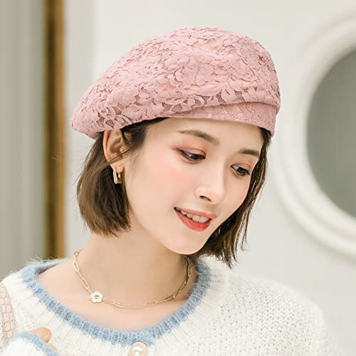 AICHUAN Women's Chic Lace Beret French Dress Beret Vintage Summer Fascinator Hats for Ladys - 2