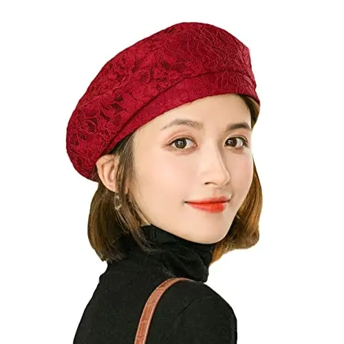 AICHUAN Women's Chic Lace Beret French Dress Beret Vintage Summer Fascinator Hats for Ladys 