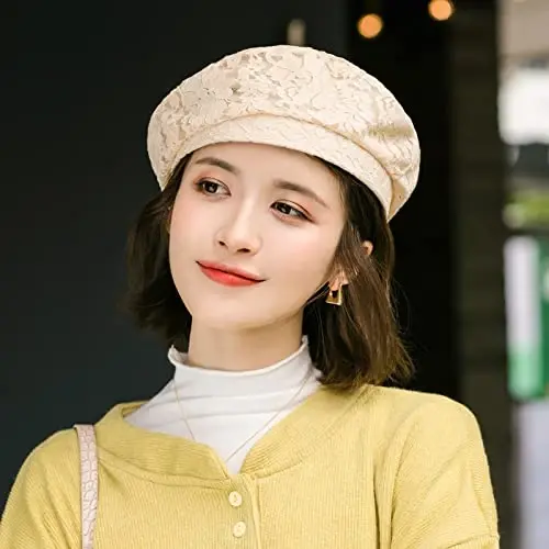 AICHUAN Women's Chic Lace Beret French Dress Beret Vintage Summer Fascinator Hats for Ladys - 2