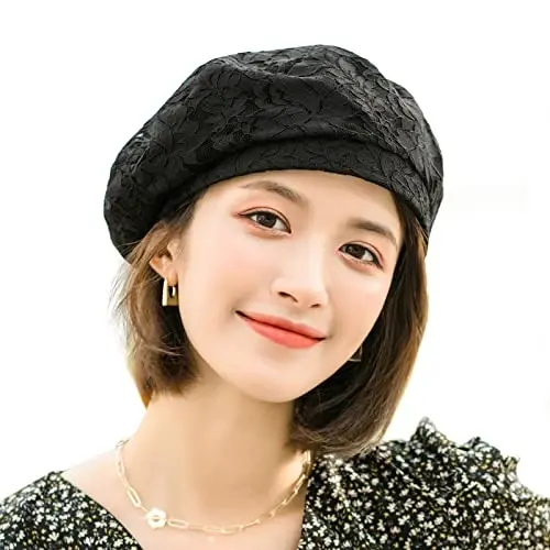 AICHUAN Women's Chic Lace Beret French Dress Beret Vintage Summer Fascinator Hats for Ladys 