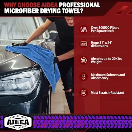 AIDEA Microfiber Towels for Cars-4PK, Large Professional Car Drying Towel, Scratch-Free & Absorbent Drying Towel for Cars, SUVs, RVs, Trucks, and Boats, 24inx 31in, Blue - 2
