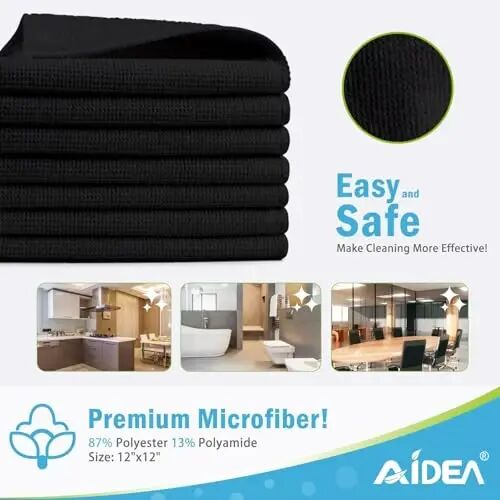 AIDEA Black Microfiber Cleaning Cloth-100PK, Reusable Cleaning Rags 12