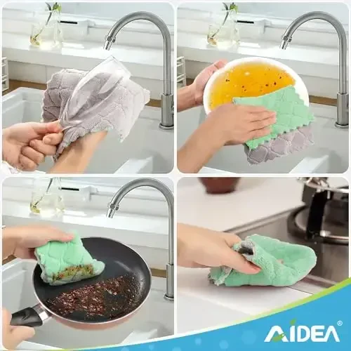 AIDEA Kitchen Towels, 12 Pack Absorbent Coral Fleece Dish Towels, No Odor Reusable Dish Cloths, Microfiber Cleaning Cloths, Fast Drying Dishcloths, 6.3
