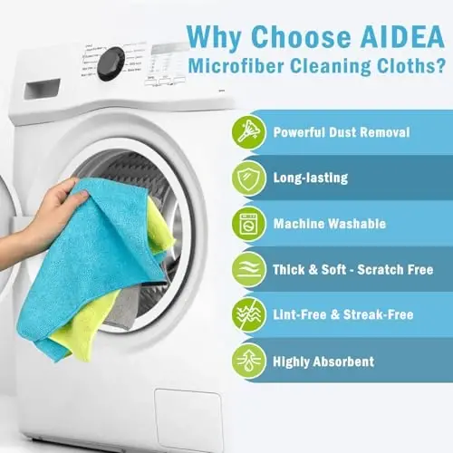 AIDEA Microfiber Cleaning Cloth-100PK, Cars uchun yumshoq mikrofiber sochiqlar, absorbent tozalovchi lattalar, uy, oshxona, deraza uchun tuk qoldirmaydigan chiziqsiz yuvish lattalari (12in.x16in.) - 3