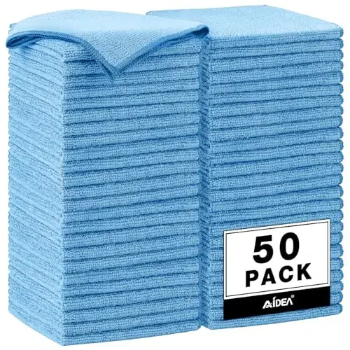 AIDEA Microfiber Cleaning Cloth, 50PK, Blue Shop Rags, Microfiber Towels for Cars, Dusting Cloth Lint Free Rags, Absorbent Towels for SUVs, House, Kitchen, Mechanic, Workshops, 12