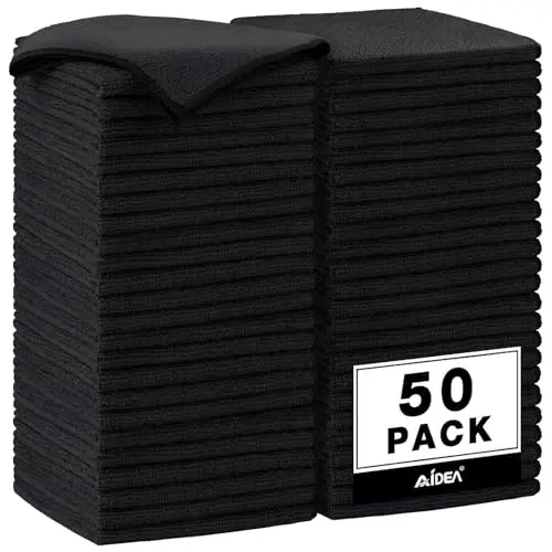 AIDEA Microfiber Cleaning Cloth Black 50PK, Microfiber Towels for Cars, Premium Car Cloths, Dusting Cloth Lint Free Cleaning Rags for SUVs, House, Kitchen, Window, Workshops,12×12
