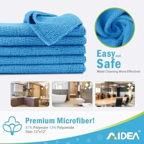 AIDEA Microfiber Cleaning Cloth Blue-100PK, Soft Absorbent Shop Rags, Microfiber Towels for Cars, Kitchen Towels, Dusting Cloth for Home, Window, Cleaning Supplies, 12