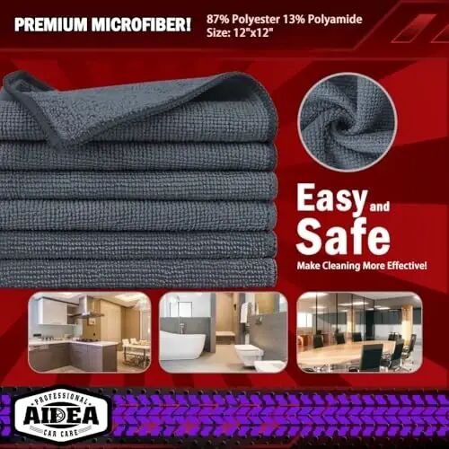 AIDEA Microfiber Cleaning Cloth Grey 50PK, Microfiber Towels for Cars, Premium Car Cloths, Dusting Cloth Lint Free Cleaning Rags for SUVs, House, Kitchen, Window, Workshops,12×12