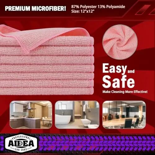 AIDEA Microfiber Cleaning Cloth Pink 10PK, Microfiber Towels for Cars, Premium Car Cloths, Dusting Cloth Lint Free Cleaning Rags for SUVs, House, Kitchen, Window, Workshops,12×12