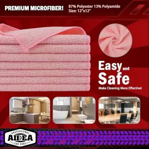 AIDEA Microfiber Cleaning Cloth Pink 20PK, Microfiber Towels for Cars, Premium Car Cloths, Dusting Cloth Lint Free Cleaning Rags for SUVs, House, Kitchen, Window, Workshops,12×12