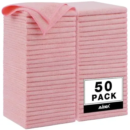 AIDEA Microfiber Cleaning Cloth Pink 50PK, Microfiber Towels 12×12